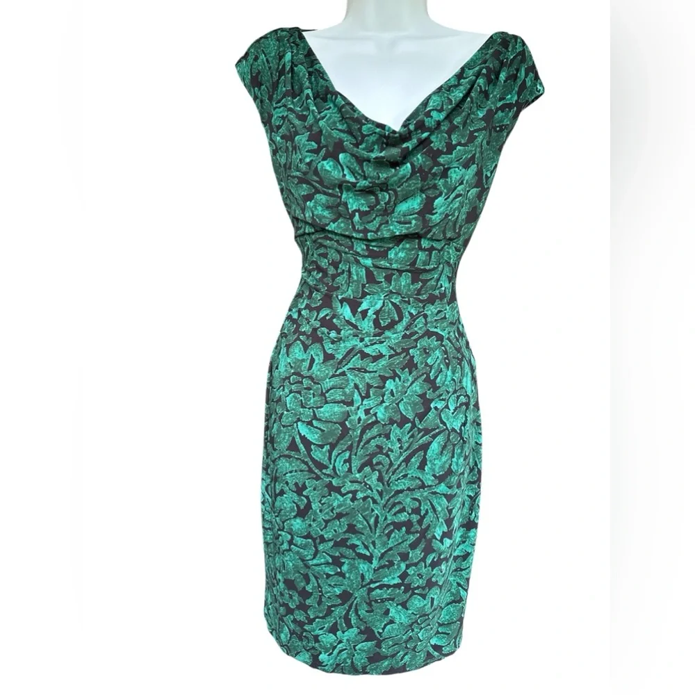 Ralph Lauren Stretch Bodycon Ruched Scoop Black Teal Floral Sheath Midi Dress - Picture 1 of 11